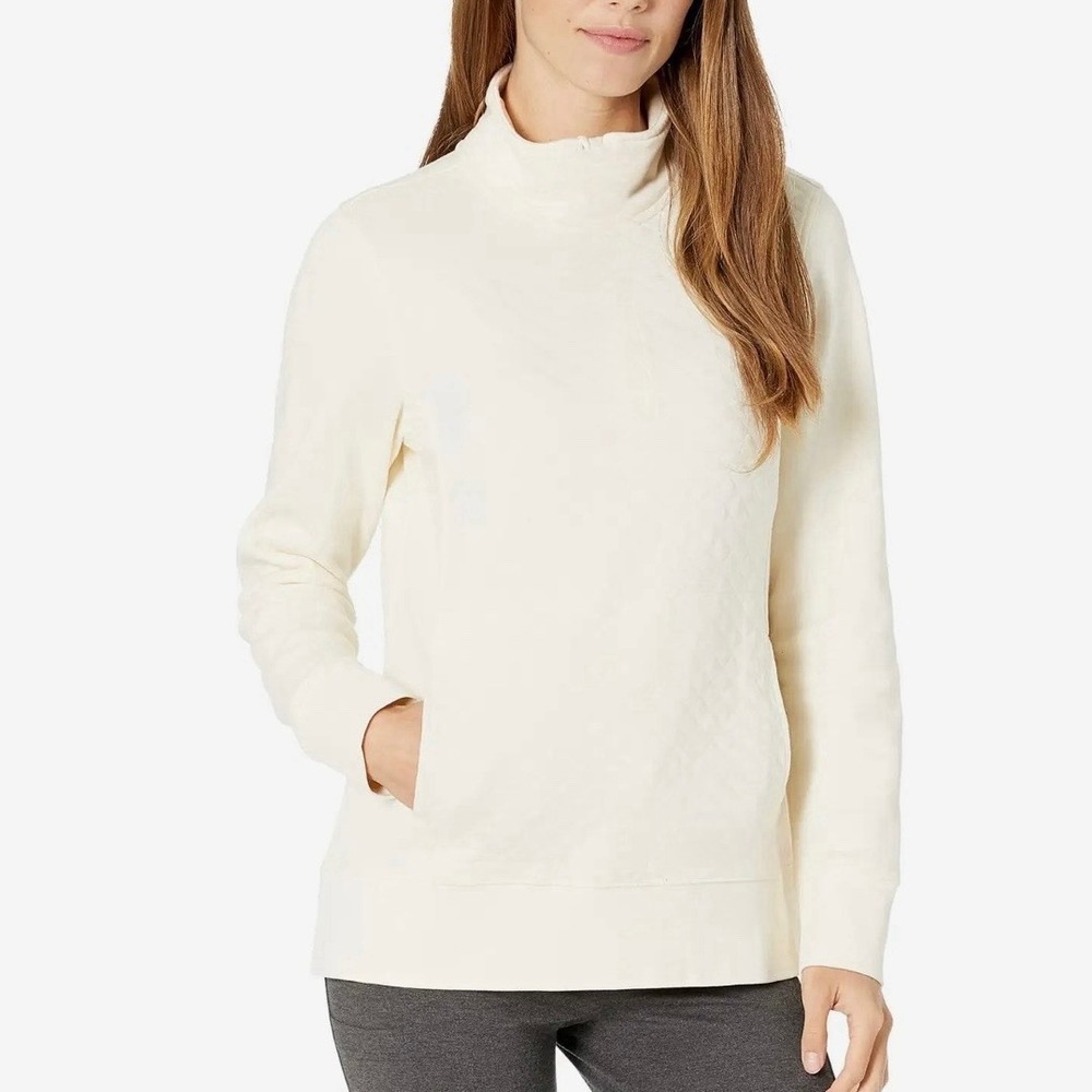 LL Bean Ivory Quilted Pullover Funnelneck Sweatshirt Pockets MEDIUM PETITE